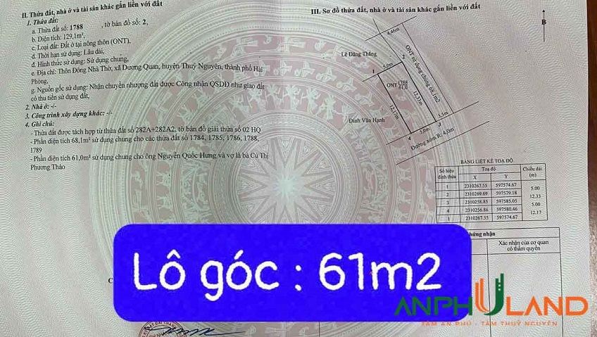 Chuyển nhượng 2 siêu phẩm lô góc phường Thủy Nguyên ( xã Dương Quan), TP Hải Phòng